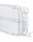 Large clear plastic container with a lid on a white background with clear liquid inside
