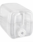 Large clear plastic container with a white lid and a handle with clear iiquid inside on a white background.