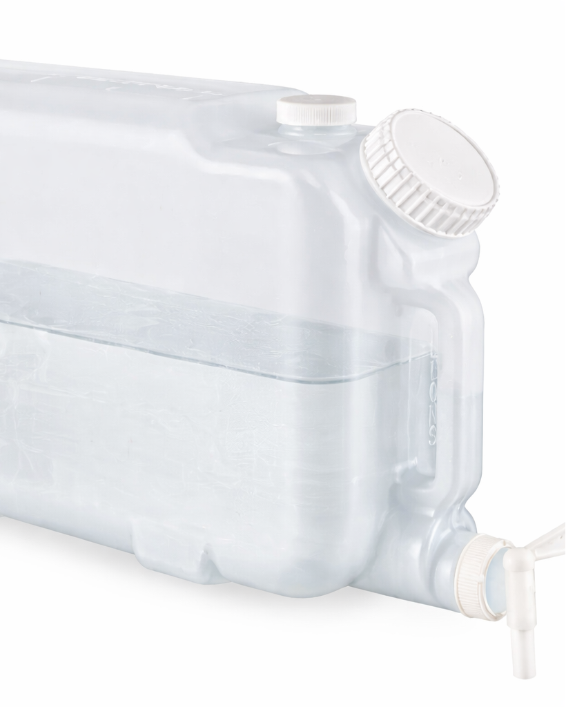 Large clear plastic container with a lid on a white background with clear liquid inside