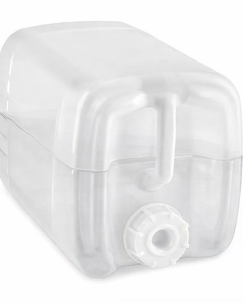 Large clear plastic container with a white lid and a handle with clear iiquid inside on a white background.