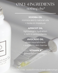A white bottle of Só Oil body and face oil next to a clear dropper containing pale yellow oil, with text overlays detailing the product's ingredients: jojoba oil, apricot oil, avocado oil, and vitamin E.