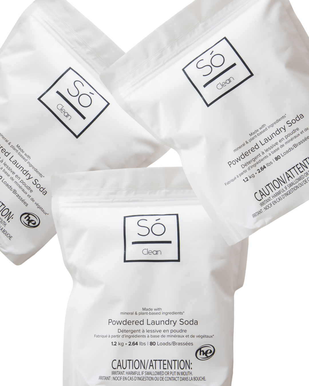 Three white bags of Só Clean Powdered Laundry Soda arranged on a white background, with the front bag fully visible and the two behind partially overlapping.