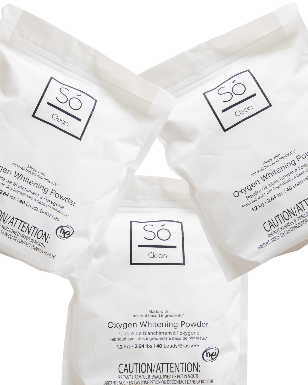 Three white bags of Só Clean Oxygen Whitening Powder arranged on a white background, with black printed text and logos visible.