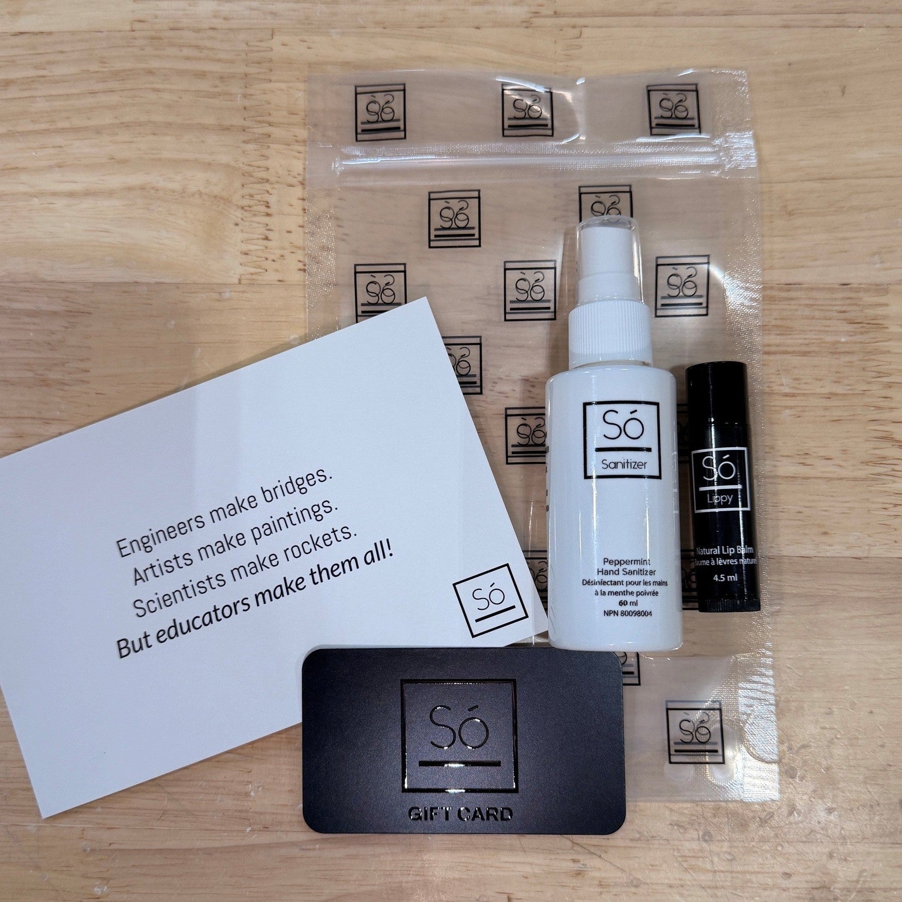 Teacher Gift Bundle with Gift Card Lip Balm and Hand Sanitizer with Só Luxury branded bag