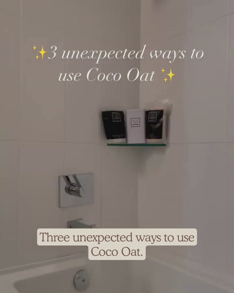 A video with voiceover depicting a bath tub with Só Luxury bath products, an arm with a red patch of eczema, coco oat being poured into a bowl with water and mixing, applying the mixture to the red patch of eczema, a ziploc bag of coco oat powder and a woman mixing water into the bag and putting her foot into the bag, a woman pouring coco oat into the bath and then drying her dog with  a towel and petting her dog.