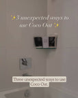 A video with voiceover depicting a bath tub with Só Luxury bath products, an arm with a red patch of eczema, coco oat being poured into a bowl with water and mixing, applying the mixture to the red patch of eczema, a ziploc bag of coco oat powder and a woman mixing water into the bag and putting her foot into the bag, a woman pouring coco oat into the bath and then drying her dog with  a towel and petting her dog.