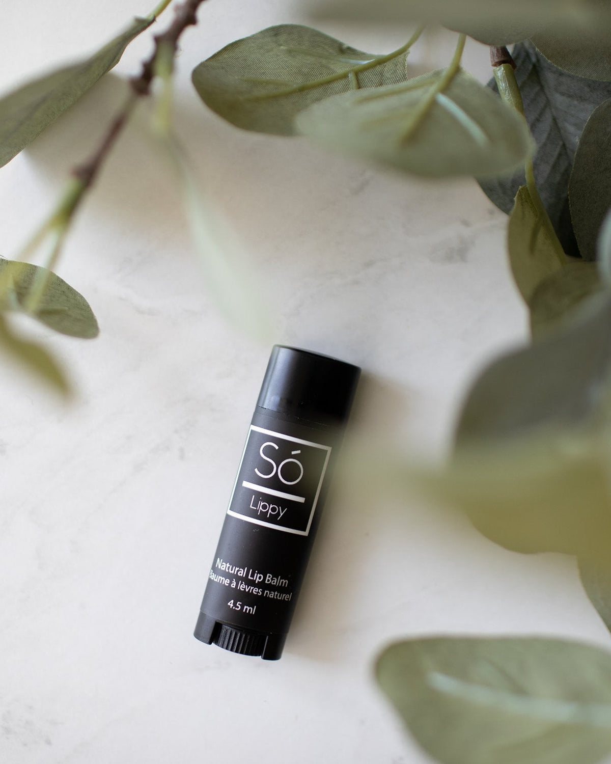 A black lip balm stick with a white logo and text, labeled 'Só Lippy Natural Lip Balm', placed on a light marble surface next to green eucalyptus leaves.