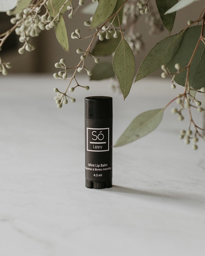 A black lip balm stick with a white logo and text, labeled 'Só Lippy Mint Lip Balm', standing on a light marble surface next to greenery.